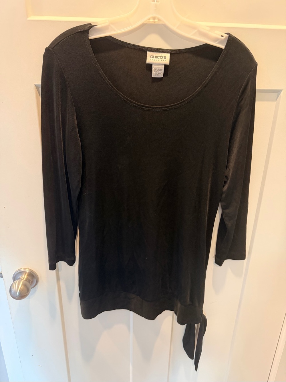 Chico’s Travelers Black Side Tie Tunic Top 3/4 Sleeve Size 0 S M